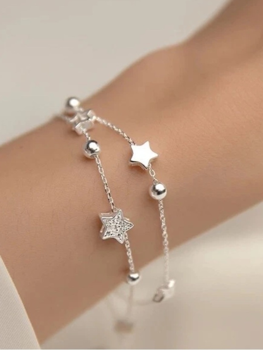 925 Sterling Silver Double layered Star Charm Bracelet